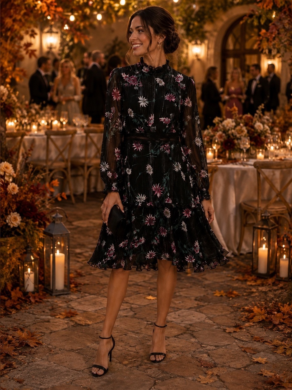 Donna Morgan Black Floral Sheer Sleeve Dress – Autumn Wedding Guest – Size 4